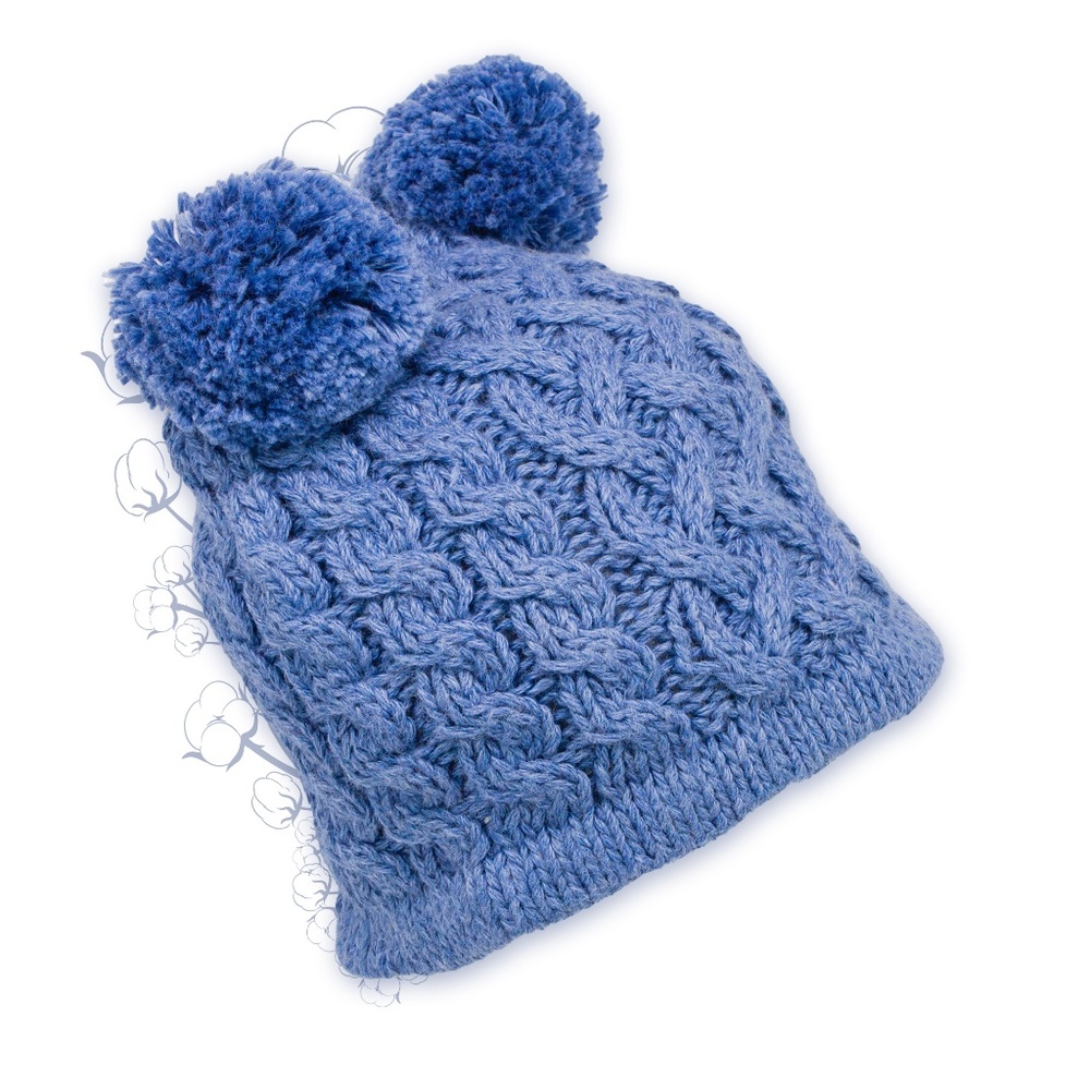 Organic Cotton Blue Two Poms Hat - Baby Boy hats, Toddler hats, Hand Knitted New